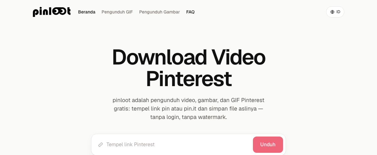pinloot's paste-a-link screen for downloading a Pinterest video, image, or GIF