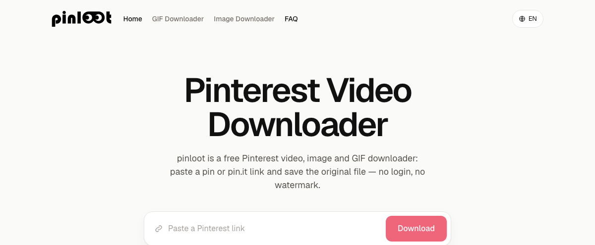 pinloot's paste-a-link screen for downloading a Pinterest video, image, or GIF