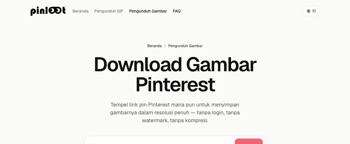 pinloot's paste-a-link screen for downloading a full-resolution Pinterest image